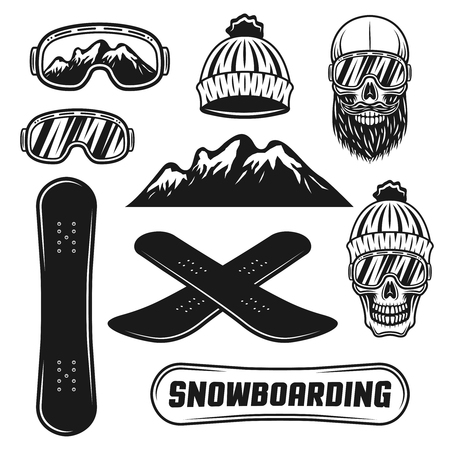 Snowboarding equipment set of vector objects or design elements in vintage monochrome style isolated on white backgroundのイラスト素材