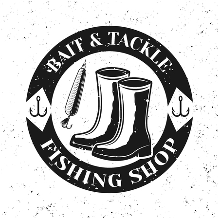 Fishing shop vector round emblem or badge with boots isolated on white background with removable grunge textureのイラスト素材