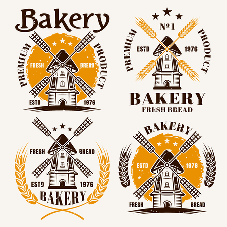 Windmill set of colored emblems, labels, badges or logos for bakery vector illustrationのイラスト素材