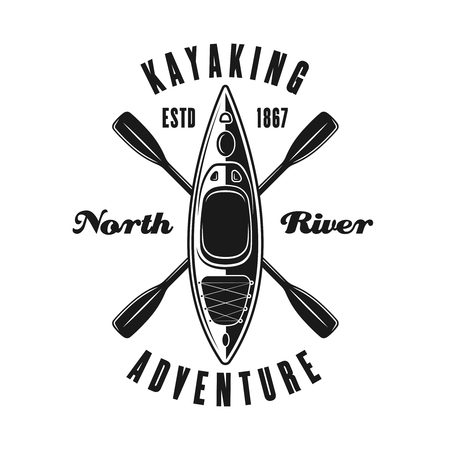 Kayak and two crossed paddles vector emblem, label, badge or logo in vintage monochrome style isolated on white backgroundのイラスト素材