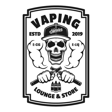 Vaping shop vector monochrome square emblem, badge, label or logo with skull and electronic cigarette vapor isolated on white backgroundのイラスト素材