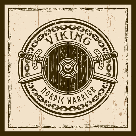 Viking vector brown emblem, label, badge or t shirt print with round shield and crossed swords. Removable grunge textures on separate layersのイラスト素材