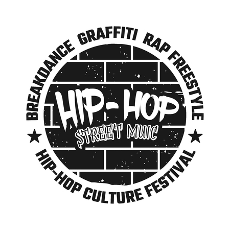 Graffiti on brick wall vector emblem, badge, label or logo with text hip-hop street music. Vintage monochrome style illustration isolated on white backgroundのイラスト素材
