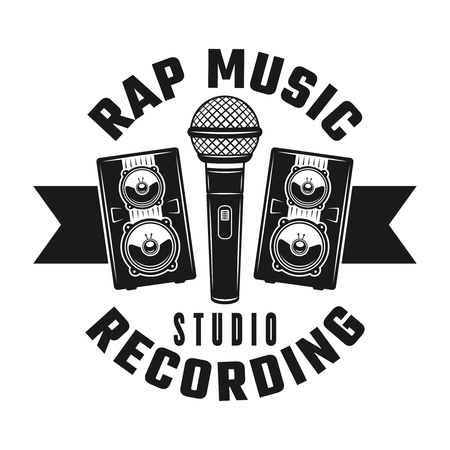 Microphone and two speakers vector rap music emblem, badge, label or logo in vintage monochrome style isolated on white backgroundのイラスト素材