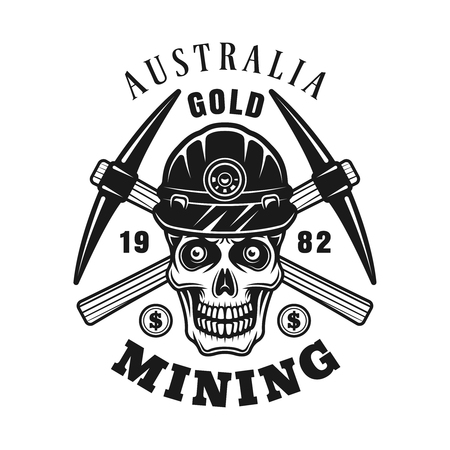 Gold minier skull and crossed pickaxes vector monochrome emblem, badge, label or logo in vintage monochrome style isolated on white backgroundのイラスト素材