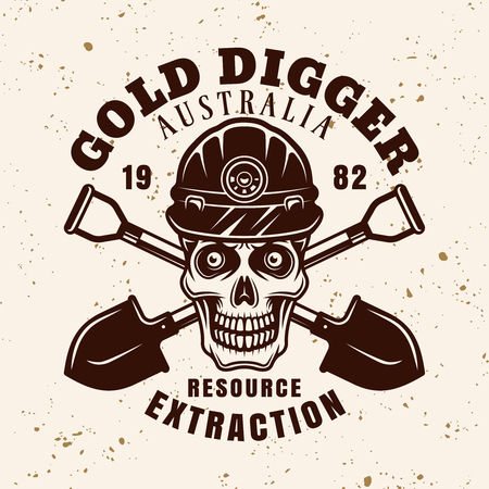 Skull of worker in helmet and two crossed shovels vector emblem, badge, label or logo in vintage style for gold mining industry on background with grunge textureのイラスト素材