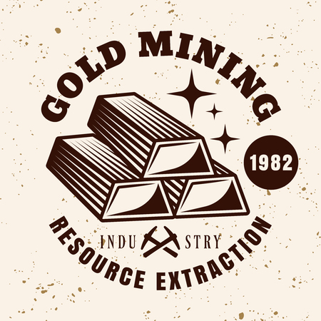 Gold ingots vector emblem, badge, label or logo for precious metal mining company in vintage style on background with grunge textureのイラスト素材