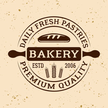 Bakery vintage vector round emblem, label, badge or logo with rolling pin on light colored backgroundのイラスト素材