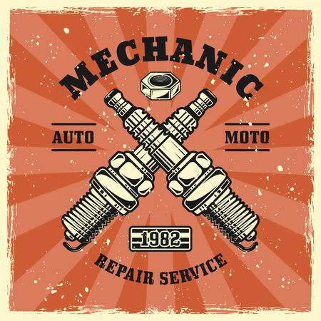 Two crossed engine candles or spark plugs emblem, badge, label or t-shirt print in vintage colored style. Vector illustration with grunge textures on separate layersのイラスト素材