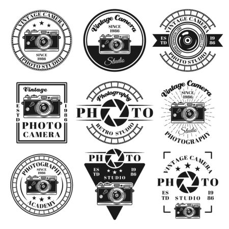 Photography and photo studio set of vector emblems, badges, labels, stamps in vintage monochrome style isolated on white backgroundのイラスト素材