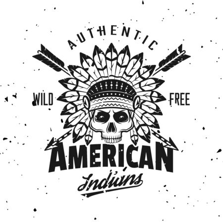 Indian chief skull vector emblem, label, badge  in vintage monochrome style isolated on background with removable grunge texturesのイラスト素材