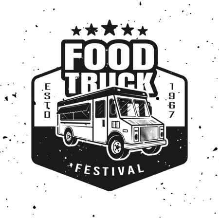 Food truck vector monochrome emblem, badge, label, sticker in vintage style isolated on white background with removable texturesのイラスト素材