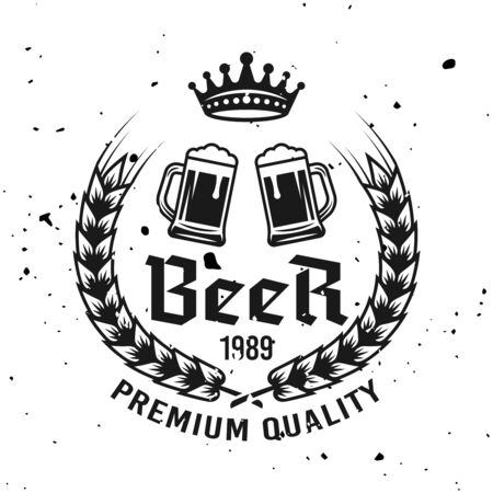 Two beer mugs vector emblem, label, badge, stamp   in monochrome vintage style isolated on background with removable grunge texturesのイラスト素材