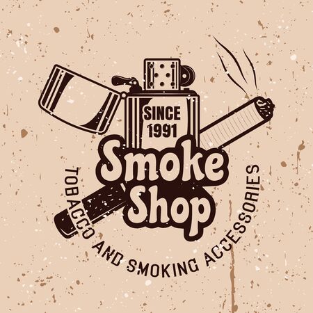 Smoke shop vector emblem in vintage style with lighter and cigarette on background with grunge texturesのイラスト素材