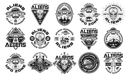 Aliens and ufo set of fifteen vector emblems, labels, badges or logos in vintage monochrome style isolated on white backgroundのイラスト素材