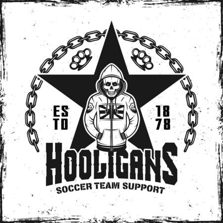 Hooligans vintage emblem with skeleton in hoodie vector illustrationのイラスト素材