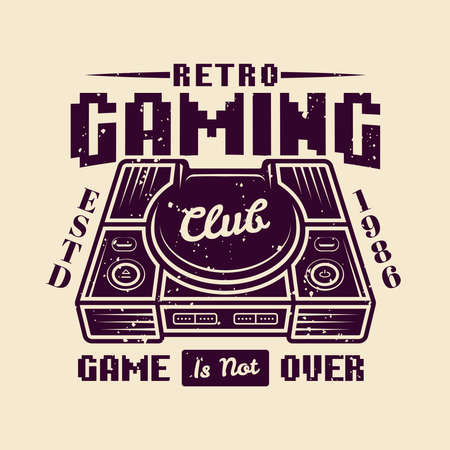 Retro gaming club vector badge, emblem or logo with home game console isolated illustrationのイラスト素材