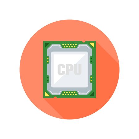 CPU computer chip flat design style isolated vector round icon with long shadow on white backgroundのイラスト素材
