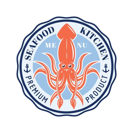 Seafood kitchen vector round emblem, badge, label or logo with squid isolated on white backgroundのイラスト素材