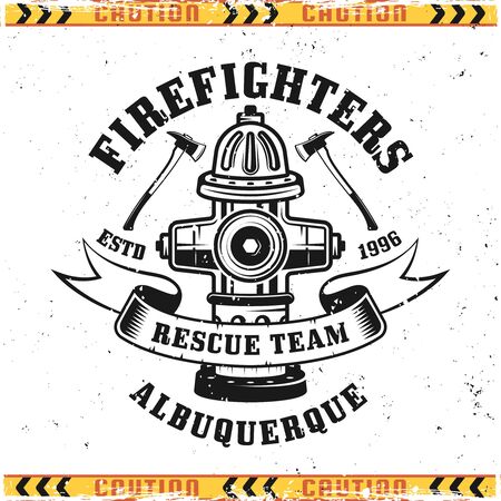 Firefighters vector emblem, badge, label or logo in vintage style with fire hydrant isolated on background with grunge textures on separate layersのイラスト素材