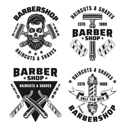 Barbershop set of vector emblems, badges, labels or logos in monochrome vintage style isolated on white backgroundのイラスト素材