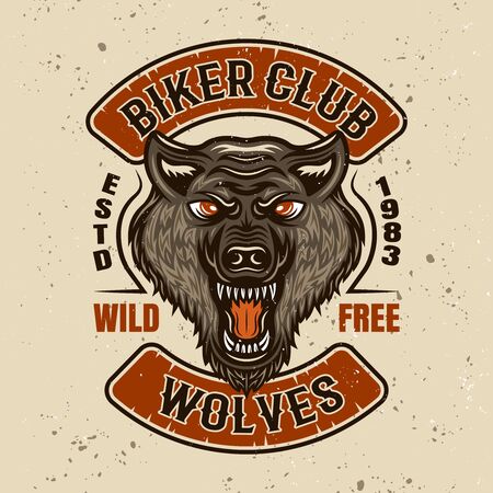 Biker club vector colored patch or emblem with wolf head. Layered illustration with removable grunge texturesのイラスト素材