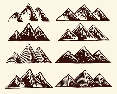 Mountains set of hand drawn vector objects and elements for your emblem, patch or badge designのイラスト素材