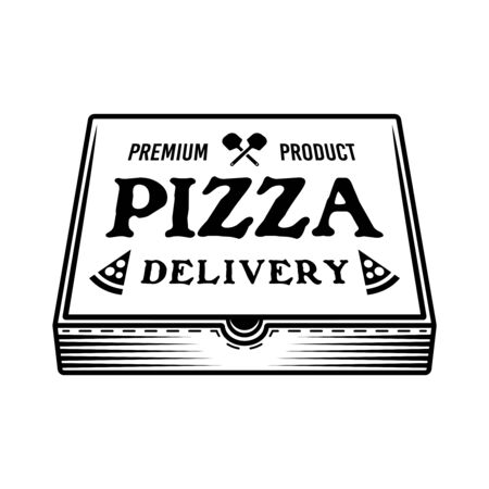 Pizza closed cardboard box with text on cover. Vector object or design element in monochrome vintage style isolated in white backgroundのイラスト素材
