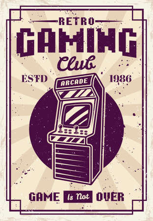 Retro gaming club poster in vintage style with arcade machine vector illustration with textures and text on separate layersのイラスト素材
