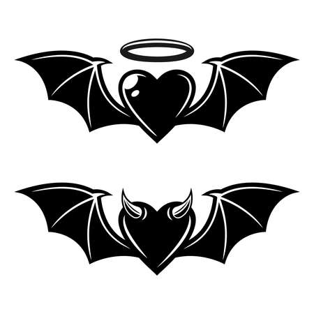Heart with bat wings angelic and demonic styles vector black tattoo illustration isolated on white backgroundのイラスト素材