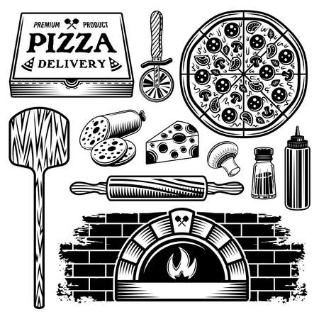 Pizza set of vector objects and elements in black and white style isolated on white backgroundのイラスト素材