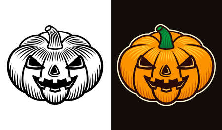 Halloween pumpkin two styles black on white and colored on dark background vector illustrationのイラスト素材