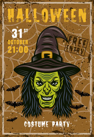 Halloween costume party vector invitation poster with witch head. Vintage illustration with grunge textures and sample text on separate layersのイラスト素材