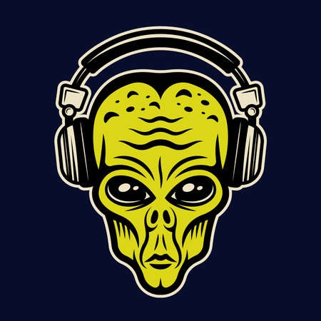 Alien head in headphones character colorful vector illustration in cartoon style isolated on dark backgroundのイラスト素材