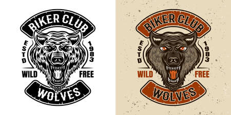 Wolves biker club vector emblem, badge or patch in two styles black and white and coloredのイラスト素材