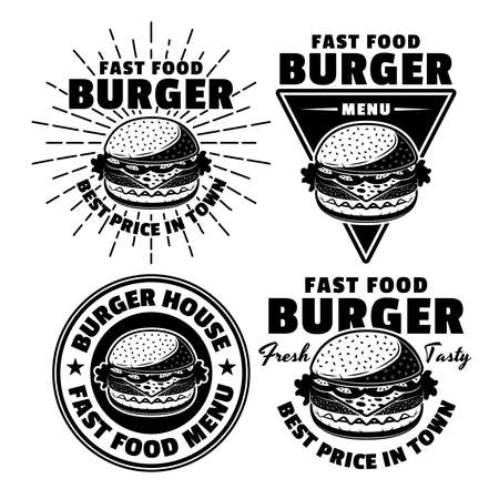 Burger fast food menu set of four black vector emblems, badges, stickers or logos in vintage style isolated on white backgroundのイラスト素材
