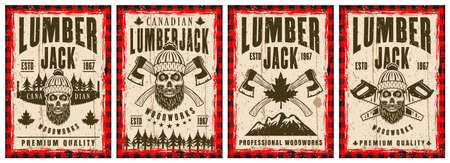 Lumberjack set of four vector posters in vintage style with bearded skull and axesのイラスト素材