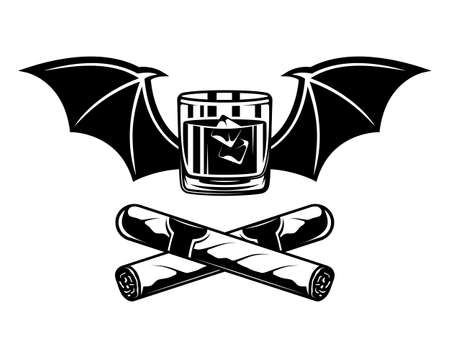 Whiskey glass with bat wings and two crossed cigars vector illustration in vintage monochrome style isolated on white backgroundのイラスト素材