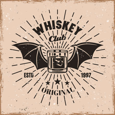 Whiskey glass witch bat wings and rays vector emblem, badge, label or  vintage style on background with removable grunge textures on separate layersのイラスト素材
