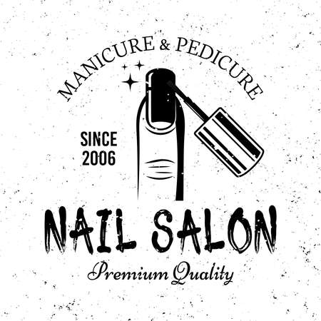 Nail care or manicure salon vector monochrome emblem, label, badge  isolated on white backgroundのイラスト素材