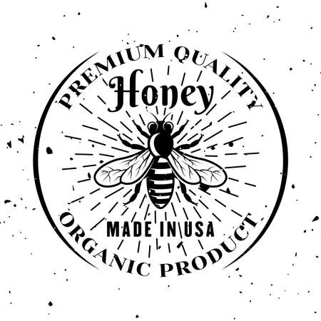 Honey bee vector emblem, badge, label or logo in monochrome style isolated on white backgroundのイラスト素材