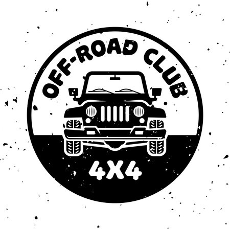 Off-road car front view vector round monochrome vintage emblem isolated on white backgroundのイラスト素材