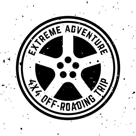 Off-road 4x4 extreme club vector round monochrome vintage emblem with tire isolated on white backgroundのイラスト素材