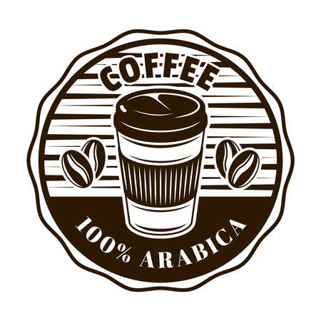 Coffee vector round emblem, badge, label, sticker   with disposable paper cup in monochrome vintage style isolated on white backgroundのイラスト素材