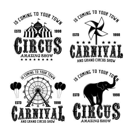 Circus and carnival vector monochrome emblems, badges, labels   in vintage style isolated on white backgroundのイラスト素材