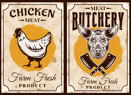 Butchery and meat shop set of two posters with chicken and bull vector illustration in vintage styleのイラスト素材