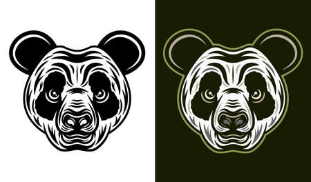 Panda head in two styles monochrome on white and colorful on dark background vector illustrationのイラスト素材