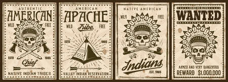 American native indians set of four vintage poster templates vector illustration with grunge texturesのイラスト素材