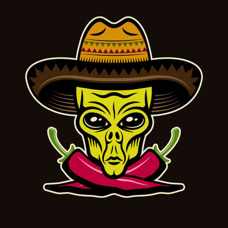 Alien head in sombrero and two crossed chili peppers vector illustration in colorful cartoon style isolated on dark backgroundのイラスト素材