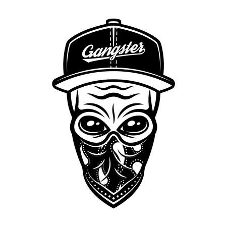 Alien head in cap and bandana on face vector illustration in vintage monochrome style isolated on white backgroundのイラスト素材